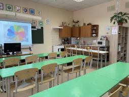 Учебная зона: школьные парты для учеников, рабочее место учителя